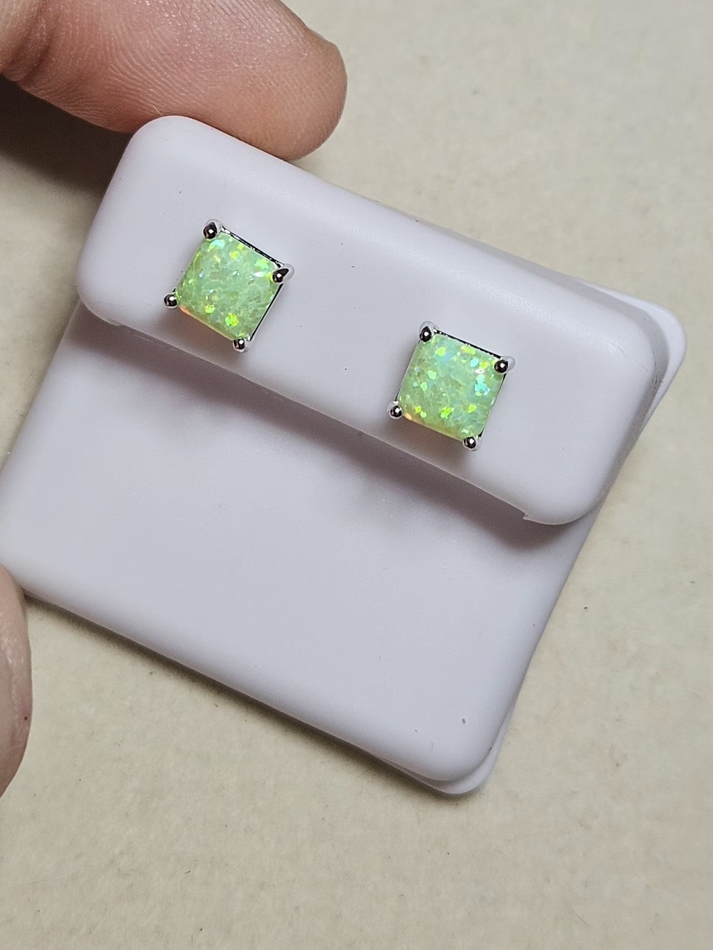 Green Natural Opal Square Stud Earrings - 925 Sterling Silver - Picture 7 of 11